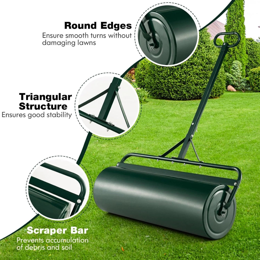 Rullo da Giardino Ø40 cm e 90 di Larghezza, Rullo da Prato in Metallo Manuale e per Trattorino, Rullo con Raschiatore Antisporco e Riempibile con Acqua/Sabbia (Verde, 113L)
