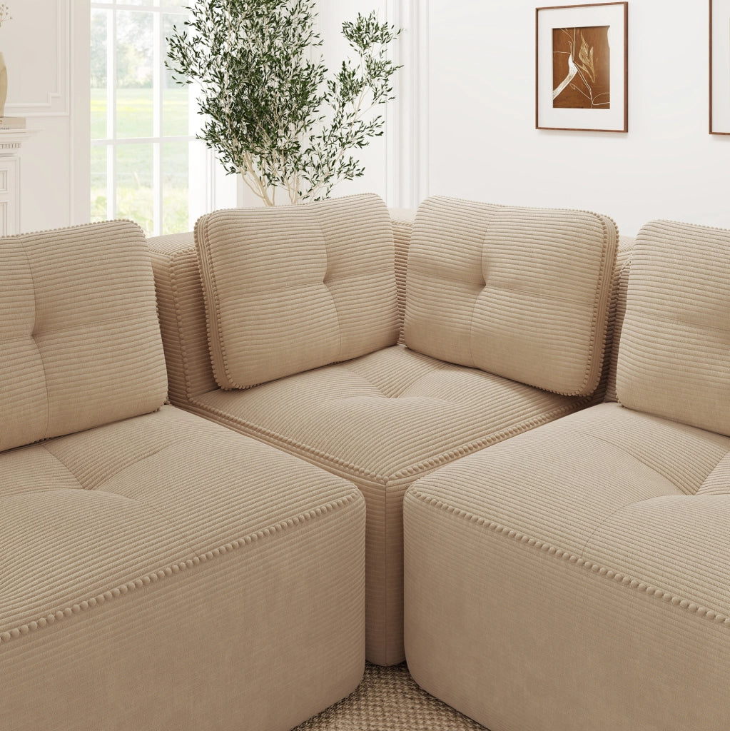 Divano angolare modulare in velluto a coste beige 295x206x69 cm; senza montaggio