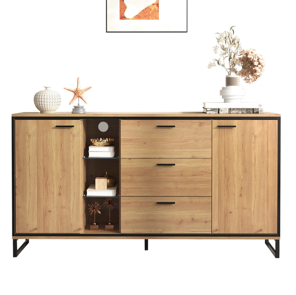 Sideboard moderno 160 cm con LED 16 colori, naturale e nero
