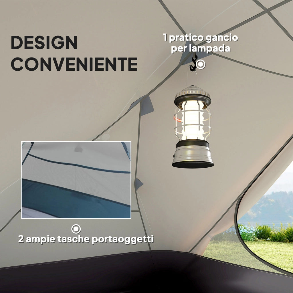 Tenda da Campeggio 2 Posti Impermeabile 280x225x110 cm con 2 Vestiboli e 2 Porte Beige