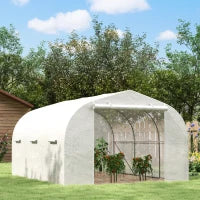Serra a Tunnel per Giardino con 6 Finestre e Porta a Rullo, in Acciaio e PE, 3.5x3x2 m, Bianco