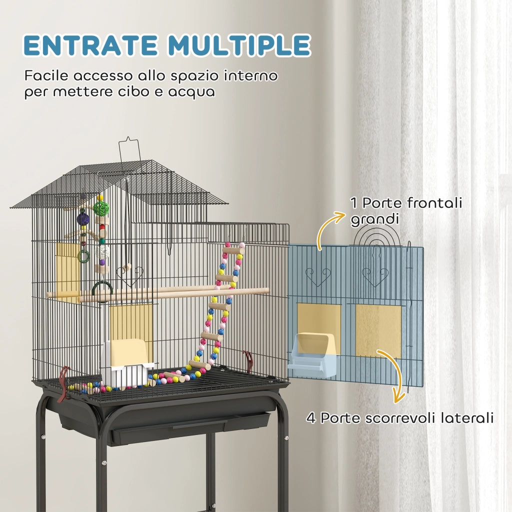 Gabbia per Uccelli con Piedistallo e Ruote ¨C Zephmum ¨C Nero 46x36x120 cm