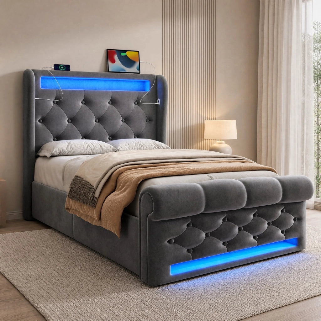 Letto singolo imbottito 90x200 cm in velluto grigio con LED, USB Type-C e contenitore idraulico