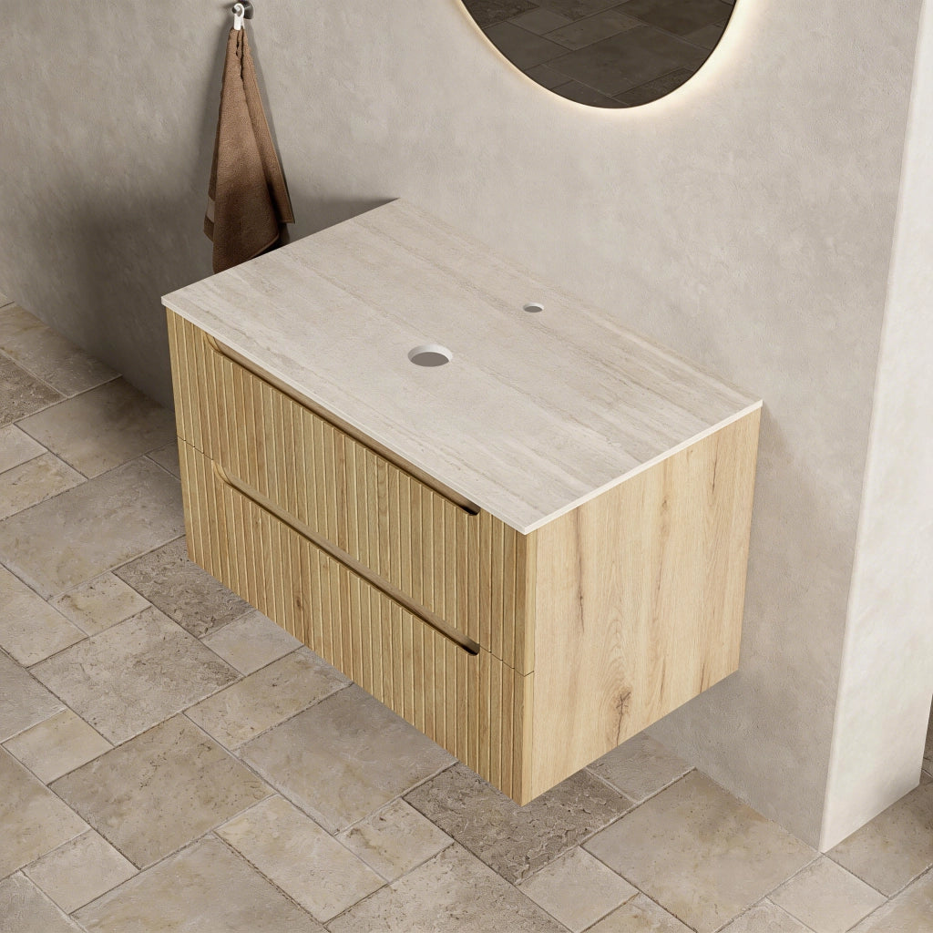 Mobile bagno sospeso con 2 cassetti e piano in pietra sinterizzata; stile moderno per bagno; rovere chiaro 89×55×61 cm
