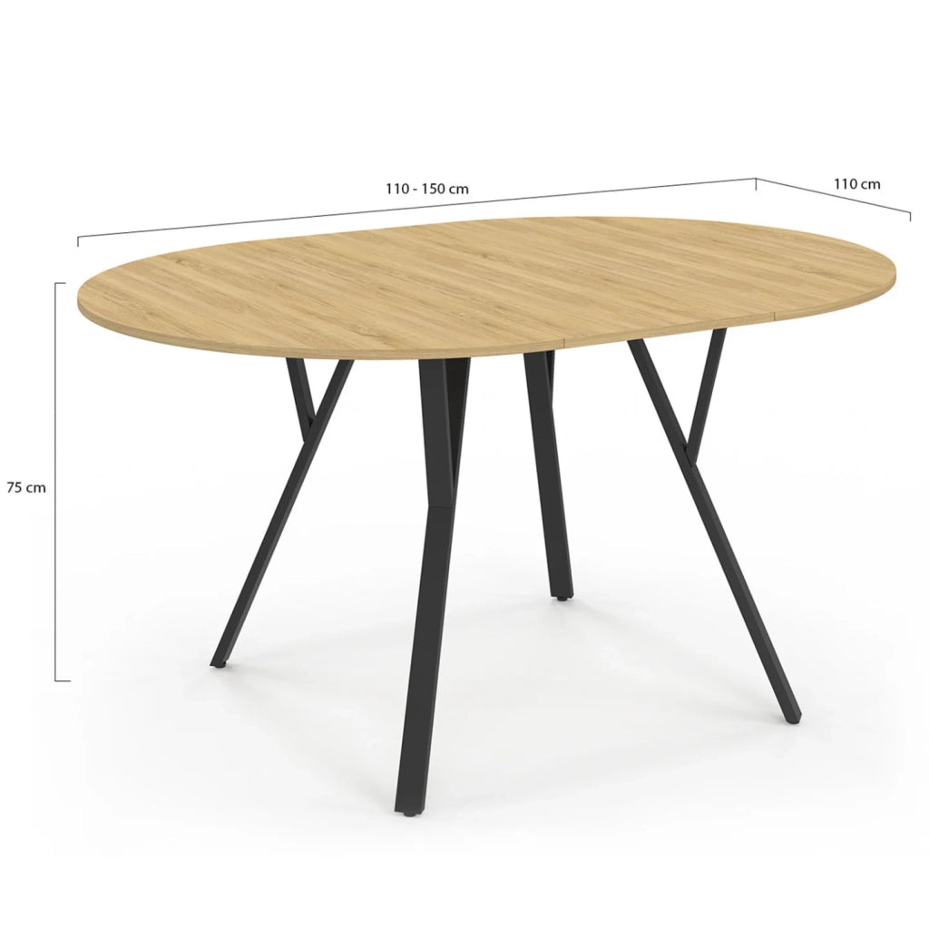 IDMarket - YSEULT tavolo da pranzo rotondo allungabile 4-8 persone legno e nero design industriale 110-150 cm