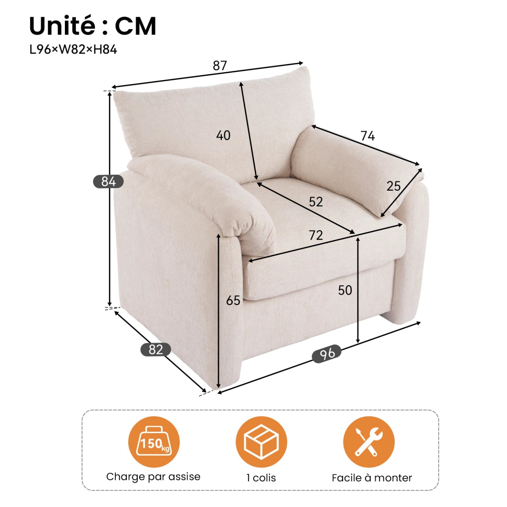 Poltrona Ampia 1 Posto con Cuscini Braccioli Comfort; Seduta Ergonomica; Struttura Legno E Metallo in Ciniglia Beige