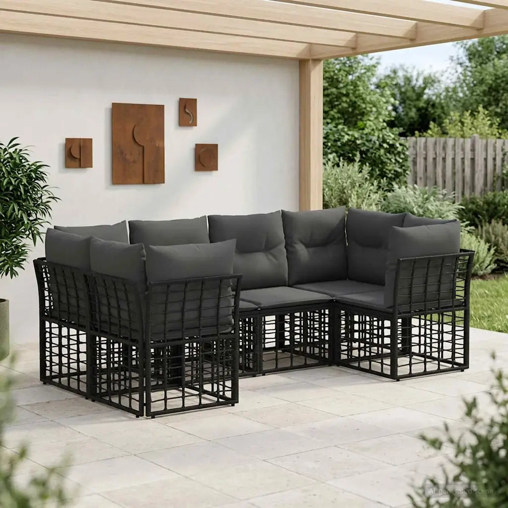 Set di divani da esterno con cuscino 6 pcs Nero Poliestere