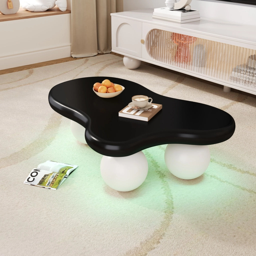 Tavolino da Caffè Forma Nuvola con LED 16 Colori; 4 Gambe Rotonde; Stile Moderno; in MDF; Nero e Bianco; 95×62;5×32 cm
