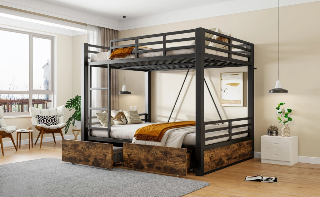 Letto a castello ULEVR 140x200 cm con cassetti, scala e sponde di sicurezza, nero