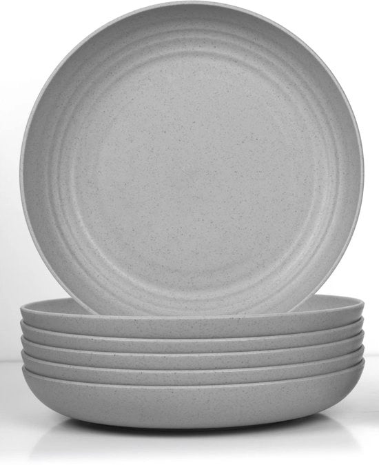 Set di piatti da tavola profondi, 6 piatti da 23 cm, resistenti al crack, piatti di plastica riciclabili, piatti per campeggio, leggeri, BPA-free, resistenti al microonde, resistenti al lavastoviglie, grigi.