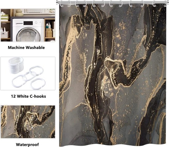 Douchegordino in marmo, 180 x 200 cm, moderno, leggero, lussuoso, nero, grigio, oro, marmo, texture, douchegordini per doccia, lavabile, poliestere, tessuto, impermeabile all'acqua, douchegordino a rotolo per vasca con 12 ganci per douchegordini