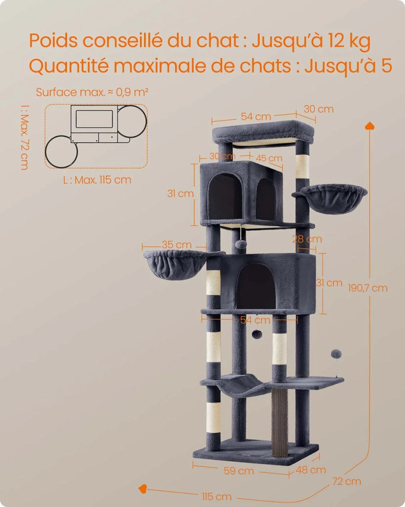 Tiragraffi per gatti torre per gatti alta 175 cm rifugio per gatti a più livelli con 2 nicchie 2 cestini 5 tiragraffi trespolo autopulente amaca grigio scuro 12_0003887