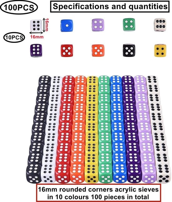 Set a dadi da gioco 100 pezzi - 6 facce - 16 mm - Multicolore - Acrilico - Amichevole con l'ambiente e duraturo