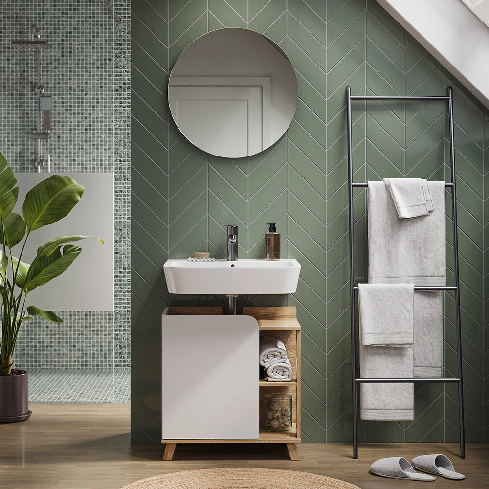 Vicco Mobile sottolavabo per bagno Sonoma/Bianco 60 x 65 cm con anta e vani a giorno