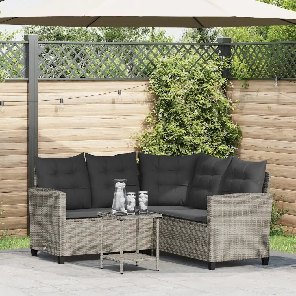 Divano da Giardino con Tavolo e Cuscini a L-Sofa da Giardino-Divano da esterno Grigio Polyrattan 554157