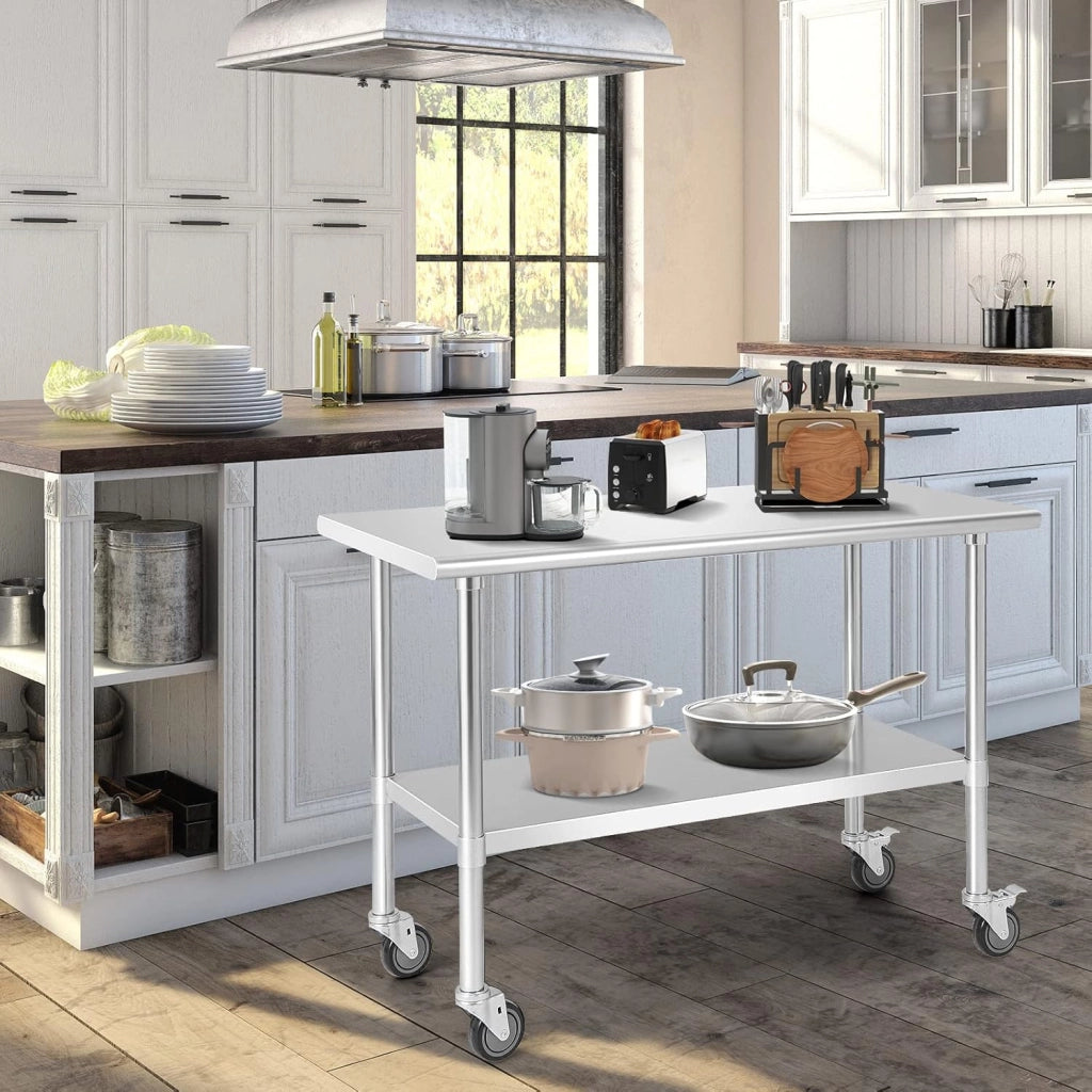 Tavolo in acciaio inox con ruote universali, carrello da lavoro con ampio piano e ripiano inferiore regolabile, tavolo di preparazione in metallo mobile per cucina, ristorante, NF88931ES