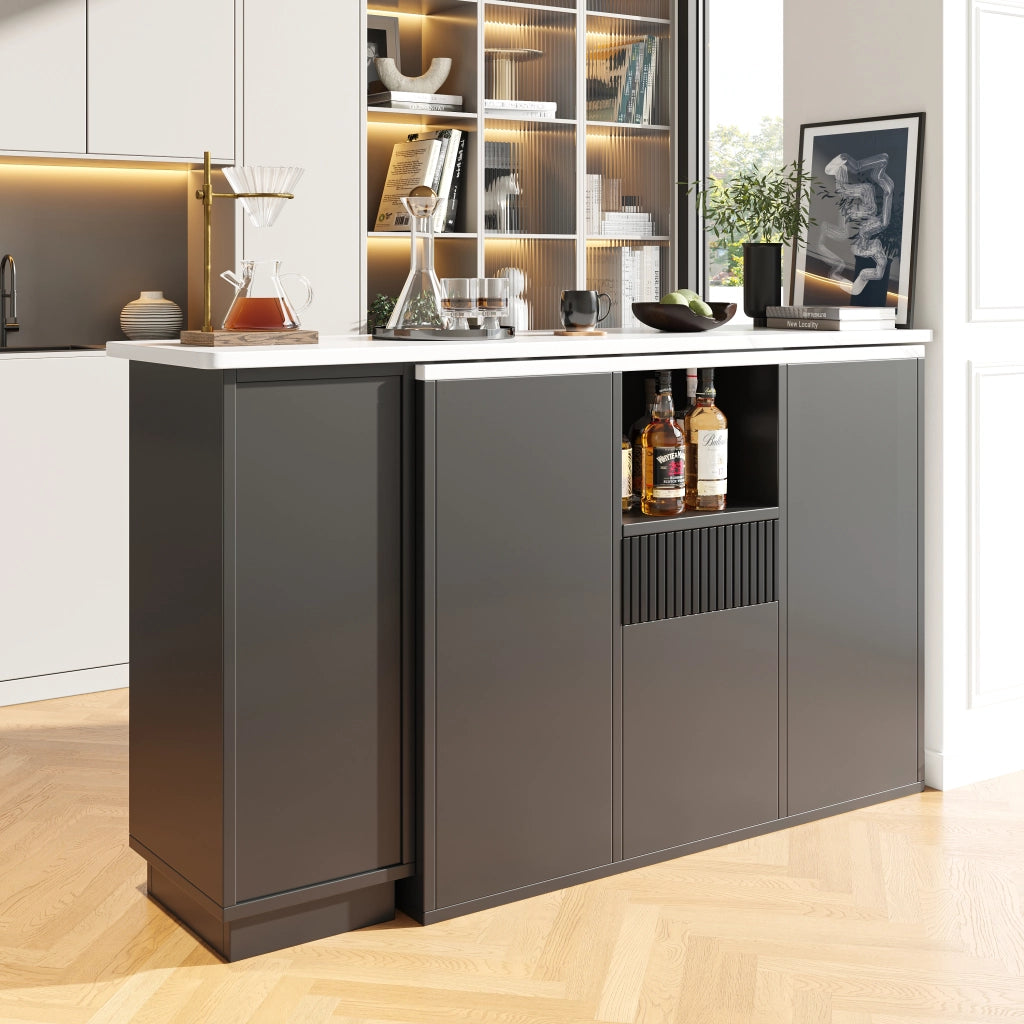 Mobile Bar Girevole 360° con Vani Aperti e Chiusi; Piano Effetto Marmo per Cucina e Soggiorno; in MDF; Nero; 210x30x100.9 cm