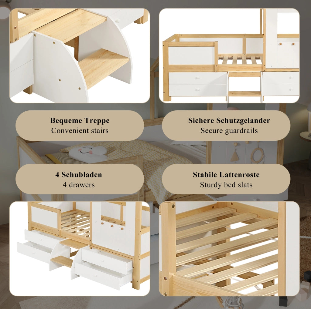 Letto a casetta semialto per bambini 90x200 cm bianco naturale