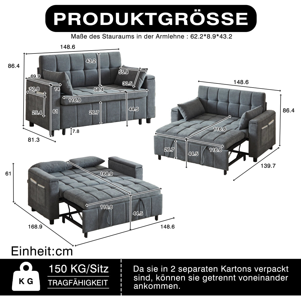 Divano letto 2 posti 3 in 1 con contenitore nei braccioli e tasche laterali, struttura in metallo, in ciniglia grigio