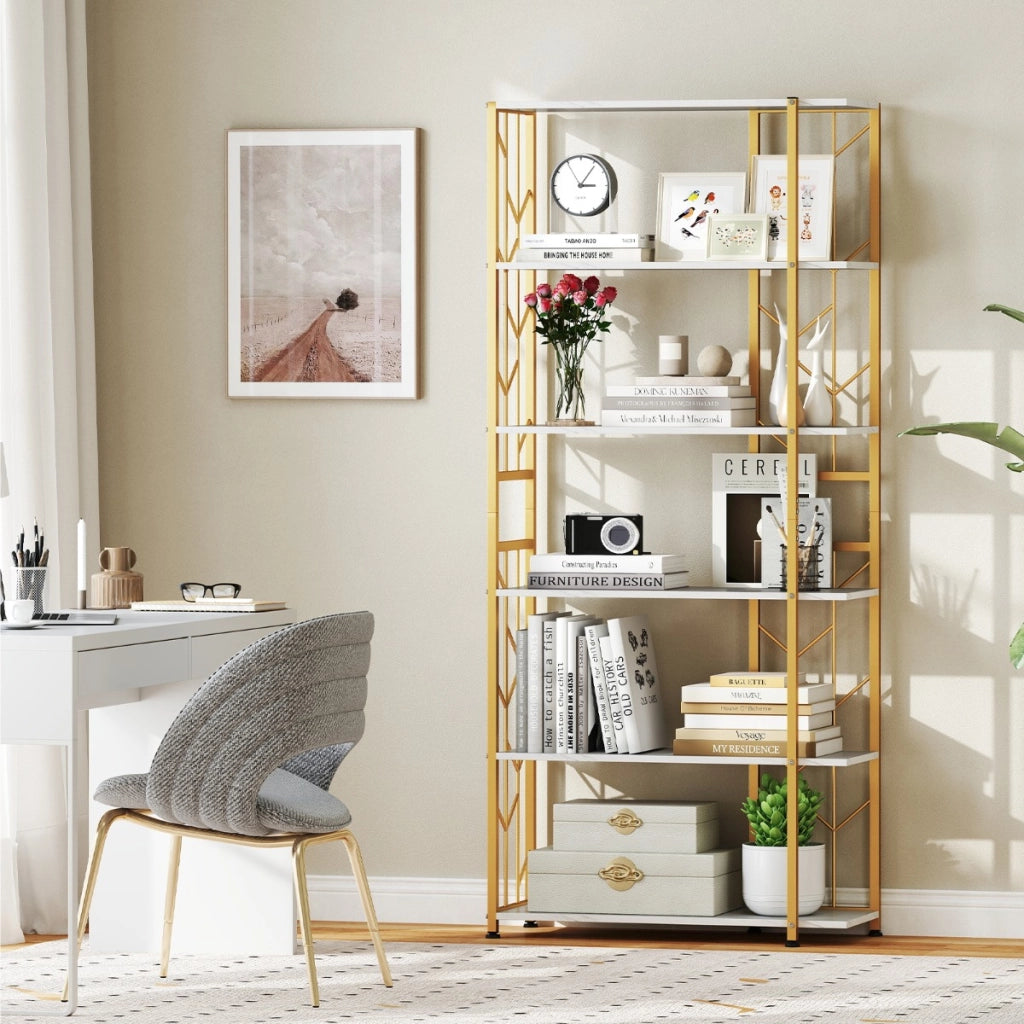 Libreria geometrica moderna con telaio in metallo da letto, Libreria a 6 ripiani con 2 kit antiribaltamento per soggiorno Bianco