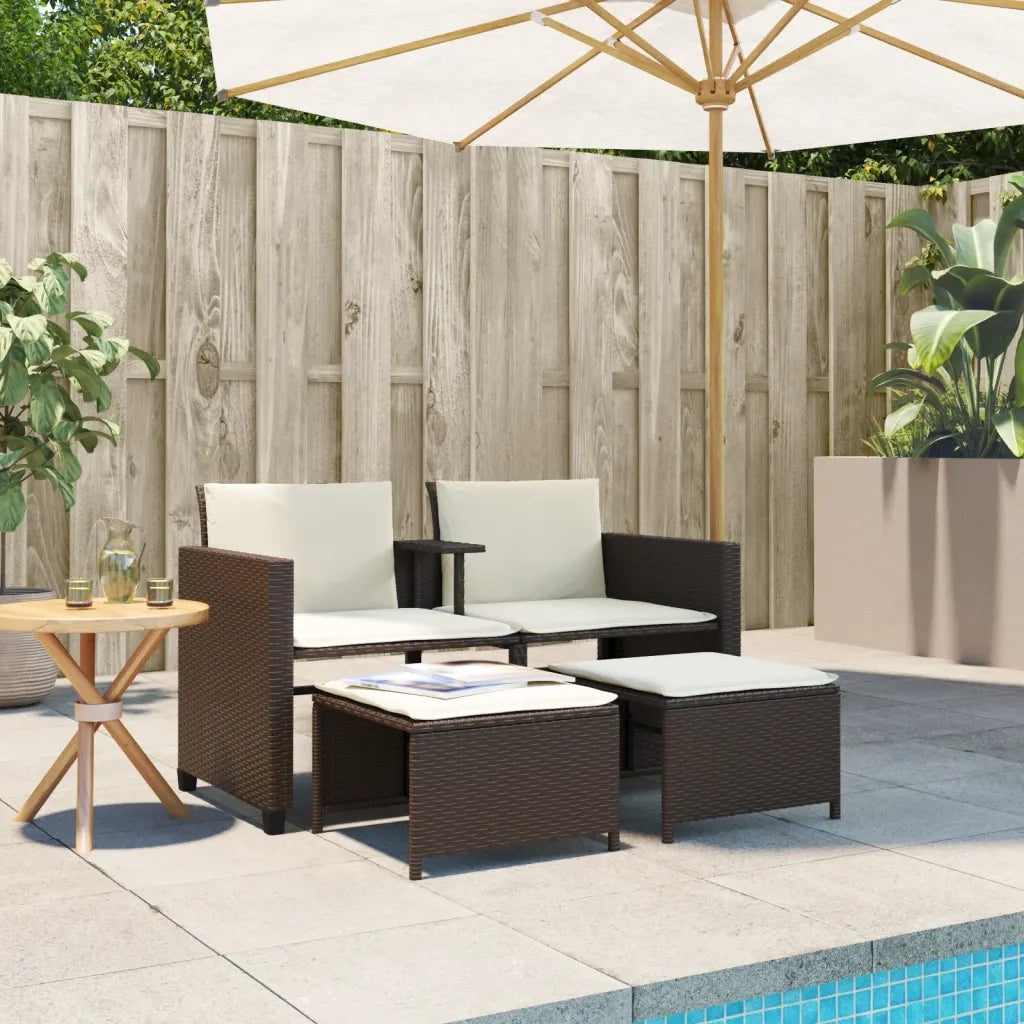 Divano Giardino 2 Posti con Tavolo e Sgabell-Sofa da Giardino-Divanetto da esternoi Marrone Polyrattan 290052