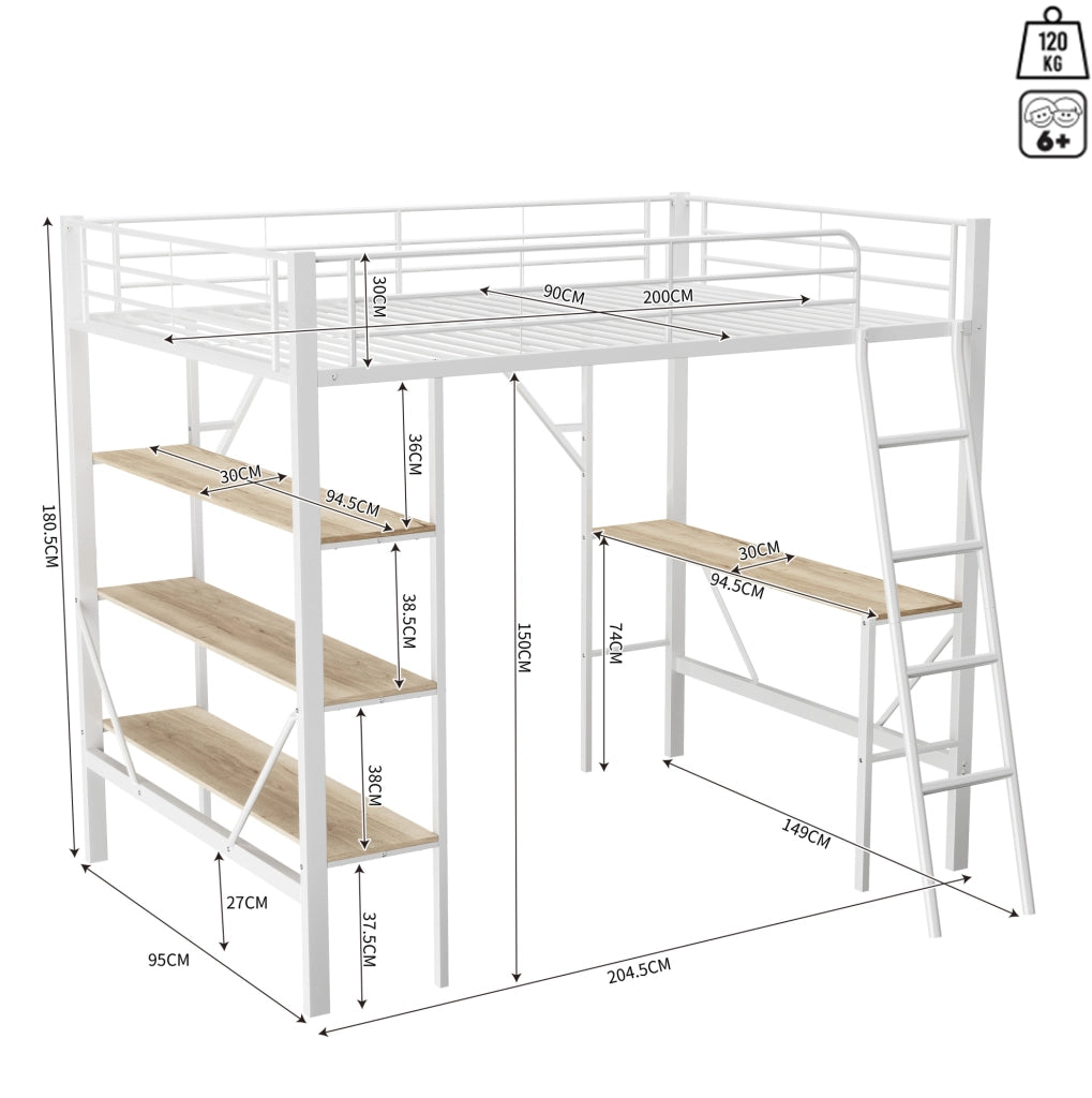 Letto a soppalco 90 x 200 cm con scrivania e tre ripiani, bianco