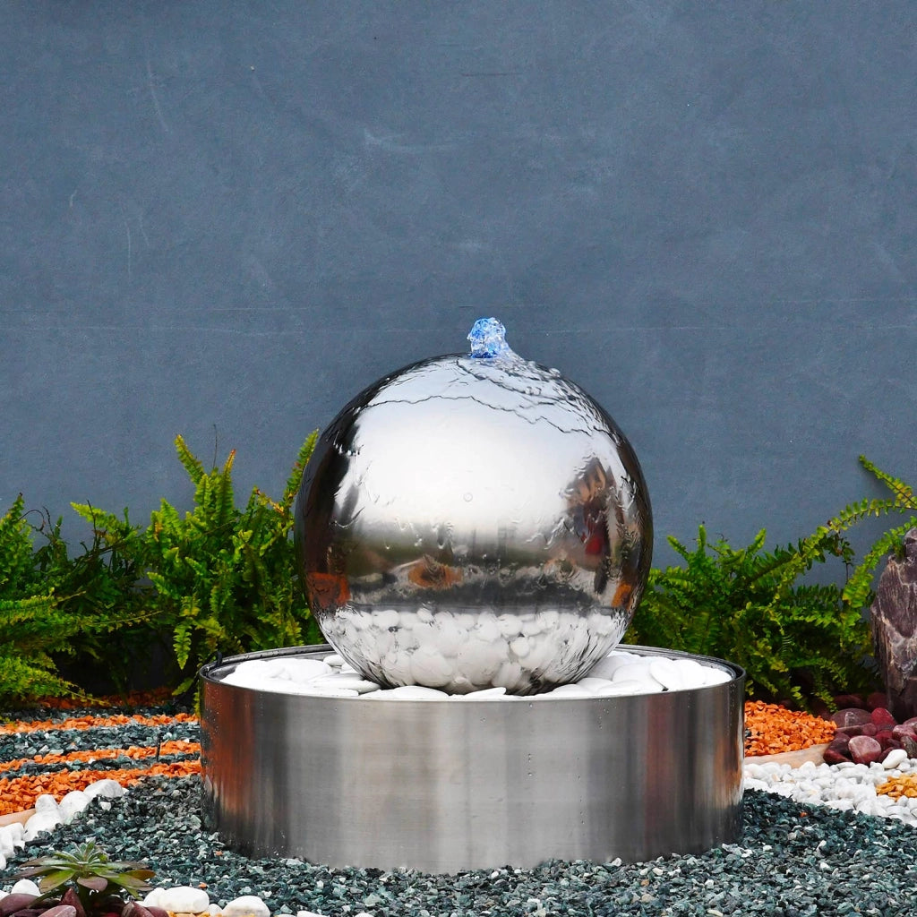 Sfera Cascata Artificiale da Giardino con LED Ø40 cm in Acciaio Inox con Pompa