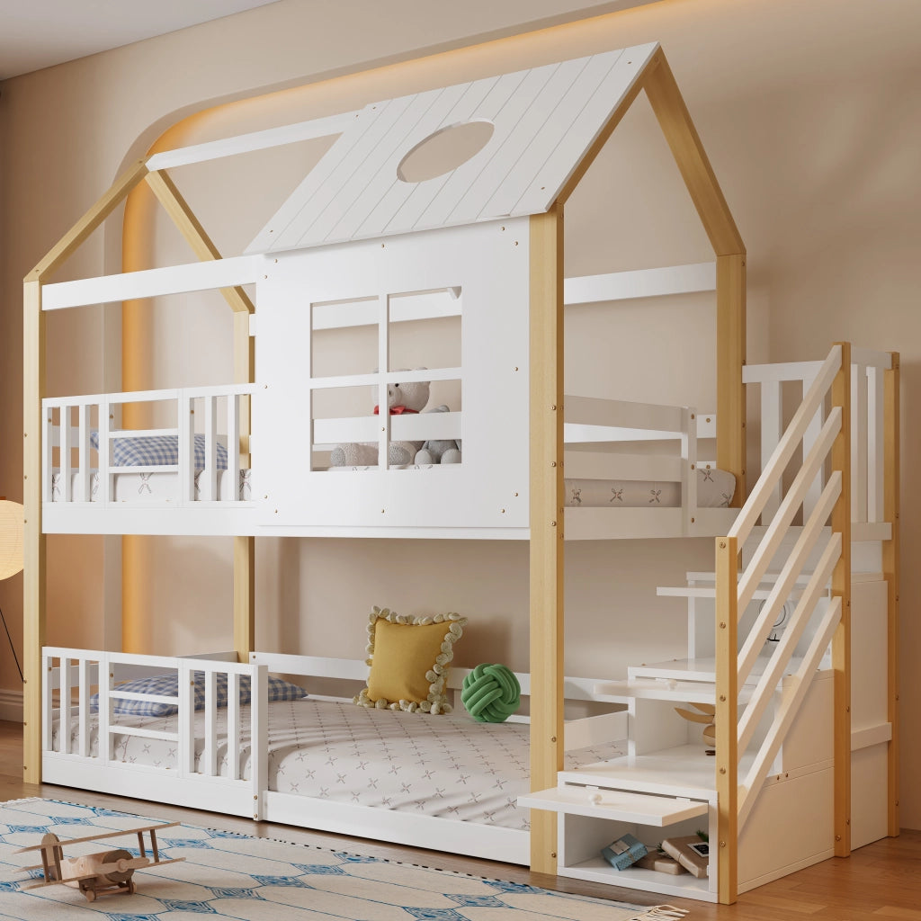 Letto a castello con scala contenitore in legno massiccio e MDF 90x200 cm