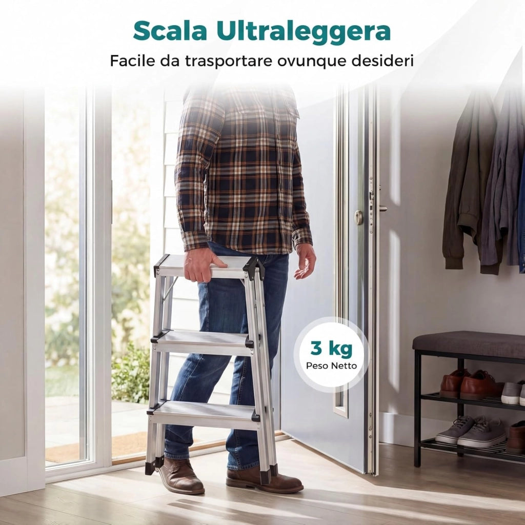 Scaletta Pieghevole in Alluminio, Scala a 3 Gradini Doppia con Pedane Larghe e Piedini Antiscivolo, Struttura Leggera, Portata 150 kg, per Casa, Ufficio e Garage