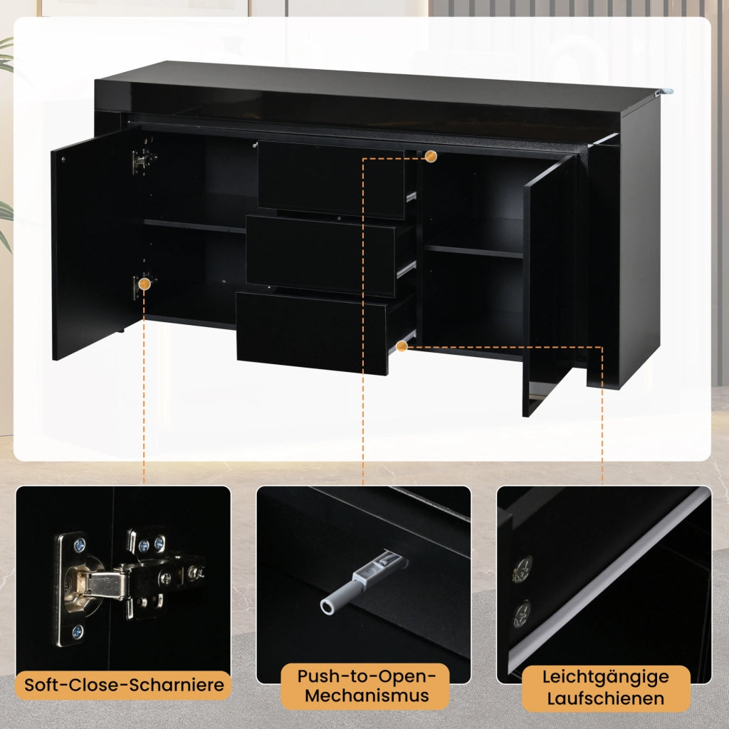 Sideboard moderno nero 140x40x65 cm con LED, 2 ante e 3 cassetti