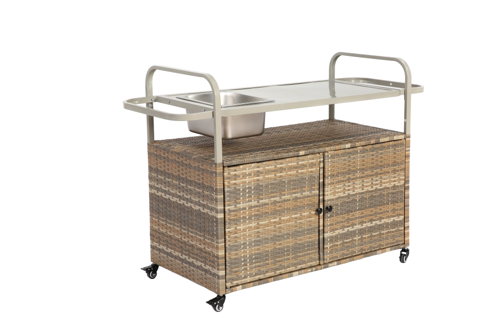 Tavolo da bar esterno; carrello da bar in vimini con armadio; carrello da cortile con piano in acciaio; con un secchio del ghiaccio; ruote chiudibili; cesto laterale per giardino; a bordo piscina e giardino; beige