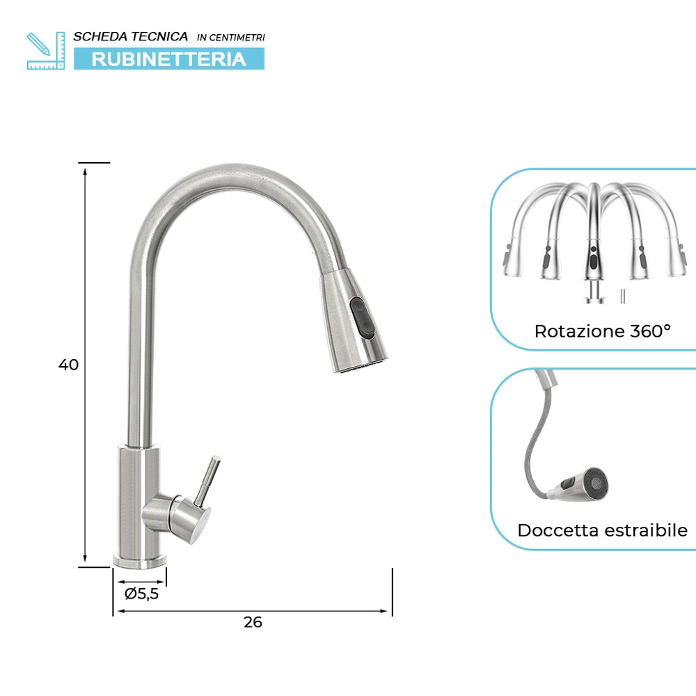 MISCELATORE RUBINETTO LAVELLO CUCINA ACCIAIO SPAZZOLATO + DOCCETTA ESTRAIBILE "KITCHEN" FERIDRAS 401060