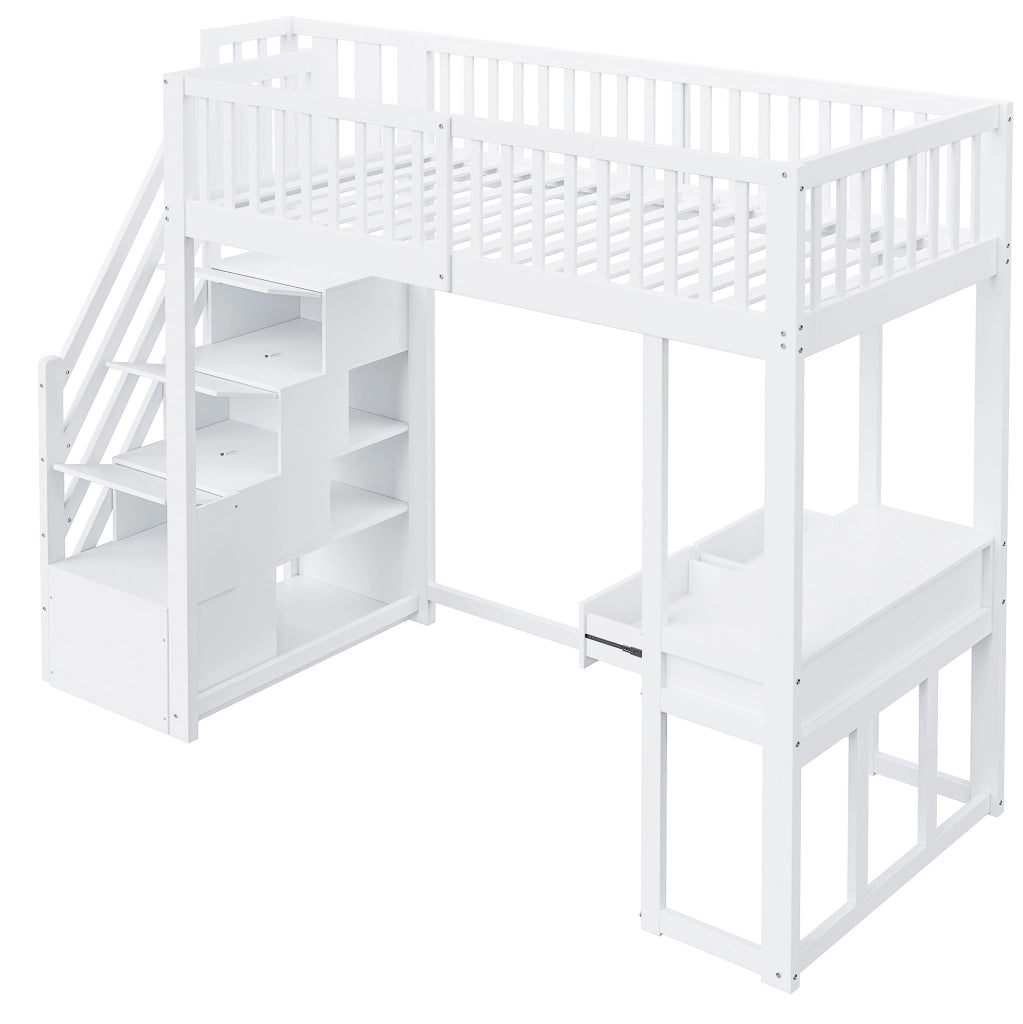 Letto a soppalco 90x200 cm con scrivania e scala contenitore; bianco