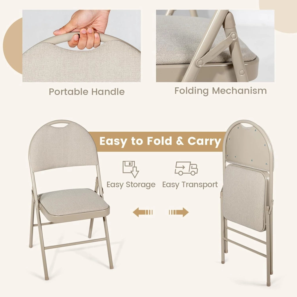 Set di 4 sedie pieghevoli in tessuto, sedie pieghevoli con sedile e schienale imbottito, sedie da pranzo con poggiapiedi telaio in metallo, 50 x 47 x 88,5 cm (Beige)