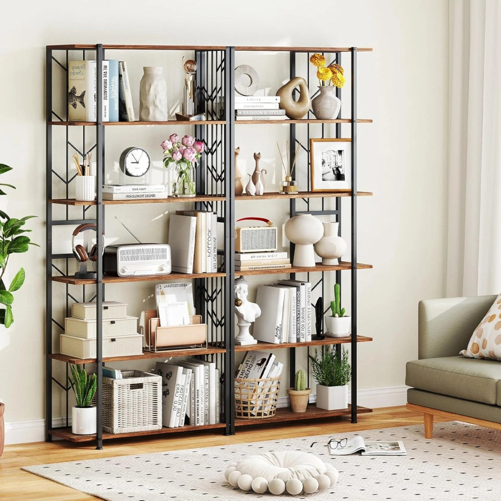 Scaffale a 6 livelli, Libreria 180 cm di altezza con ripiani aperti, organizer portaoggetti autoportante con telaio in metallo e kit antiribaltamento, per soggiorno, ufficio (marrone)