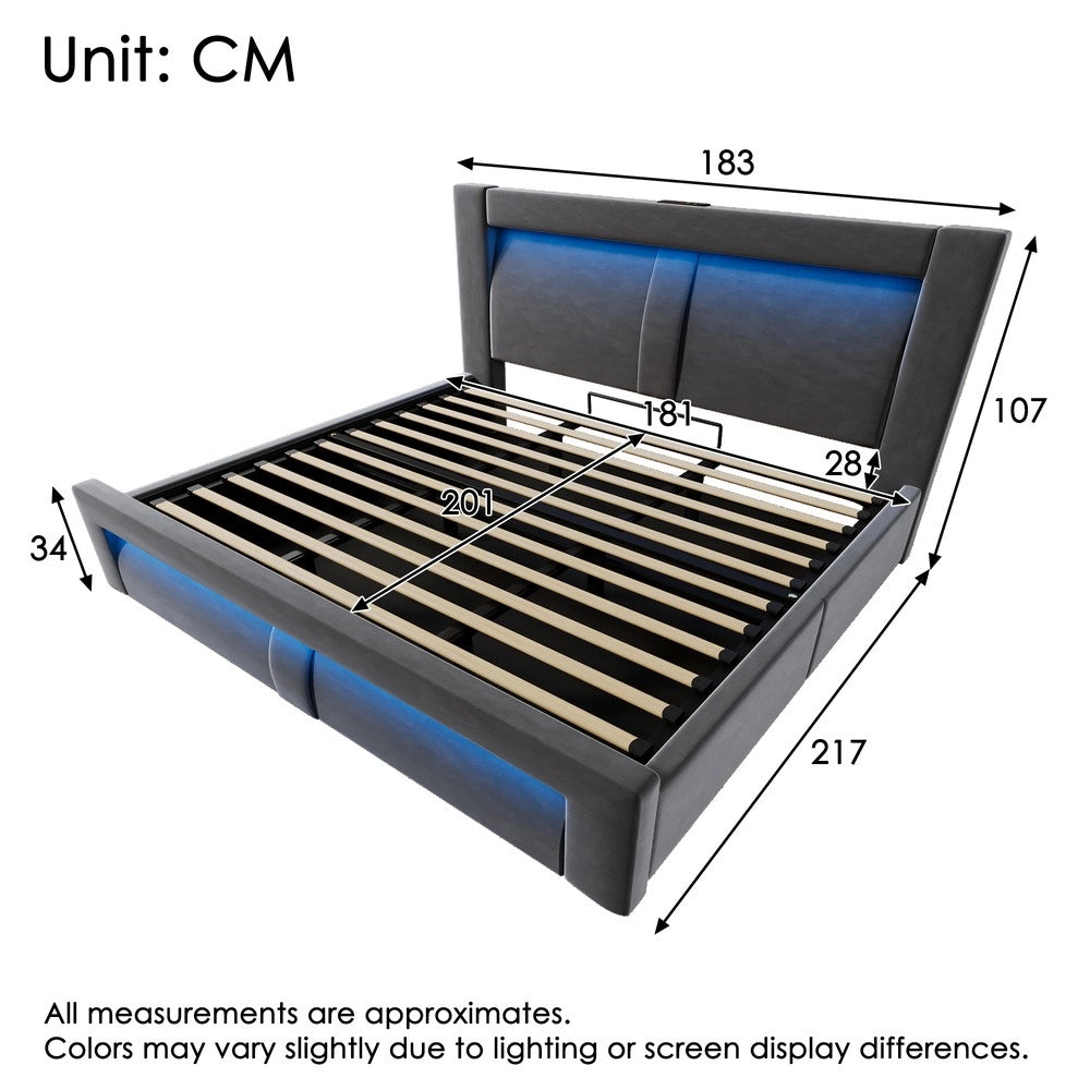 Letto Contenitore Matrimoniale 180x200 con LED ¨C MINIMAL ¨C Velluto Grigio, Idraulico, USB
