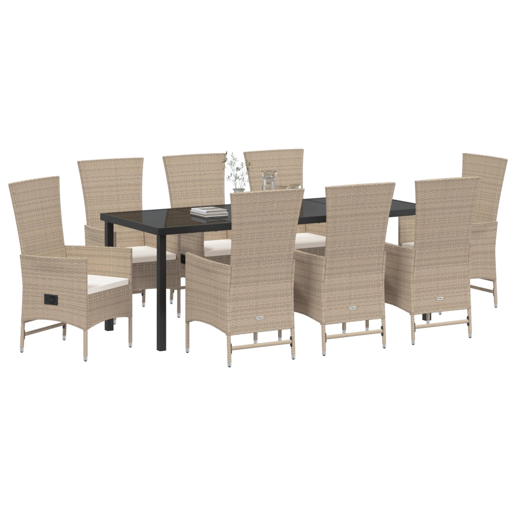 Set da Pranzo da Giardino 9 Pezzi con Cuscini Beige Polyrattan