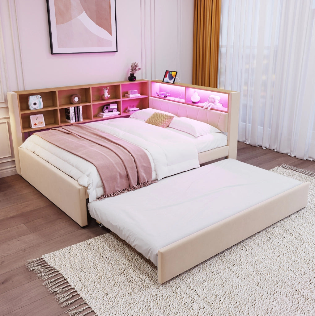 Divano letto multifunzione con letto estraibile, LED, prese integrate e vani portaoggetti