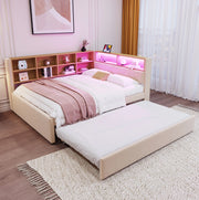 Divano letto multifunzione con letto estraibile, LED, prese integrate e vani portaoggetti
