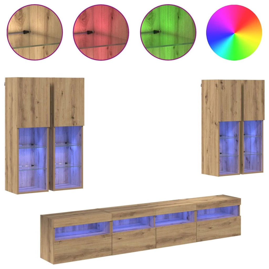 Set Mobile TV a Muro con Luci LED 7 pcs rovere artigianale