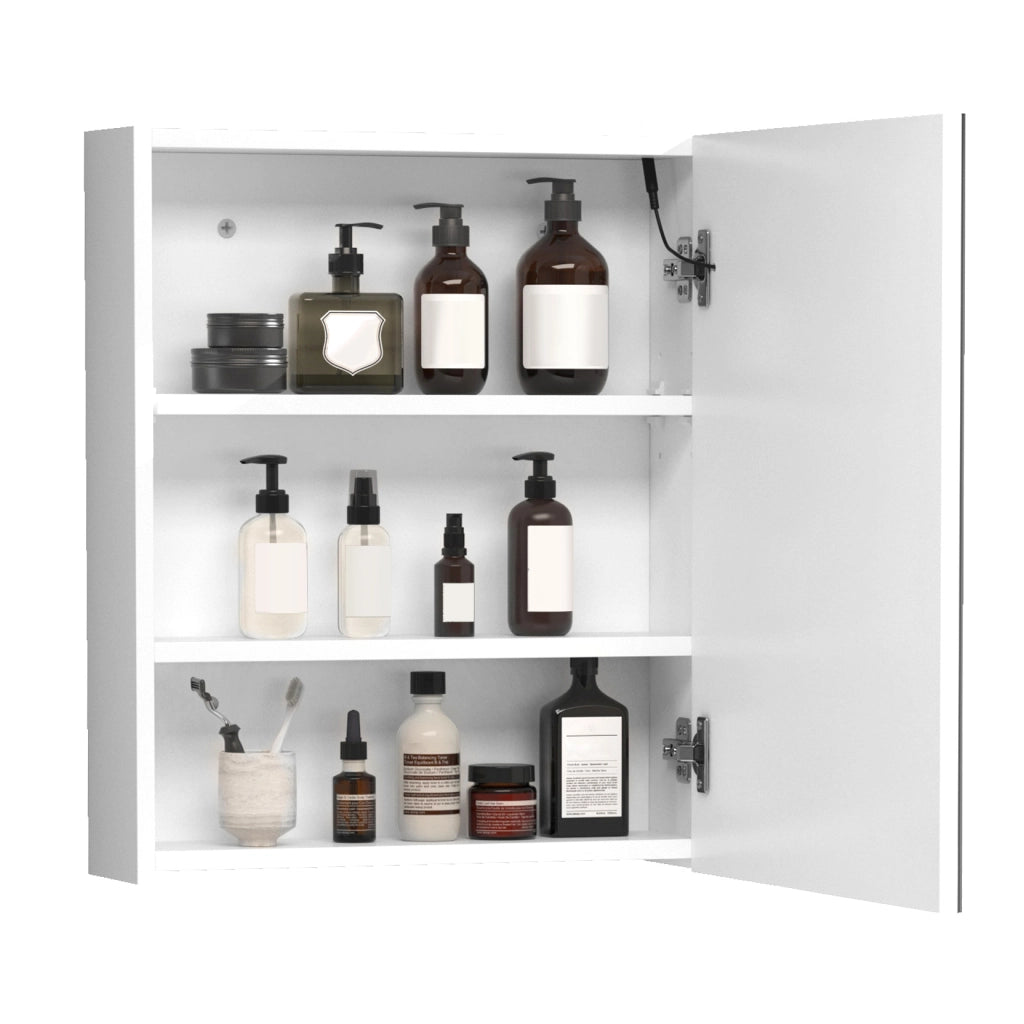 EasyComfort Armadietto Pensile da Bagno con 1 Anta, Specchio e Luci a LED | 2 Ripiani Interni | MDF Bianco (60 x 50 x 15cm)