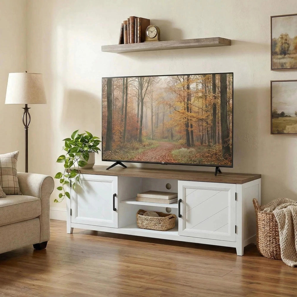 Mobile TV 140 cm con 2 ante e 2 ripiani aperti ¨C Zephmum ¨C Bianco e marrone