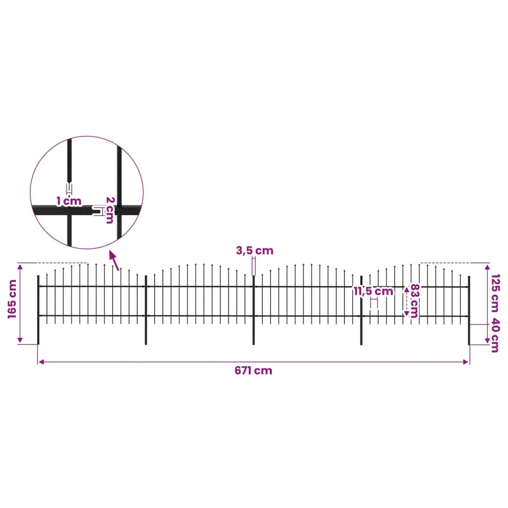 Recinzione da Giardino con Punta a Lancia in Acciaio 671x125 cm Nero 277724