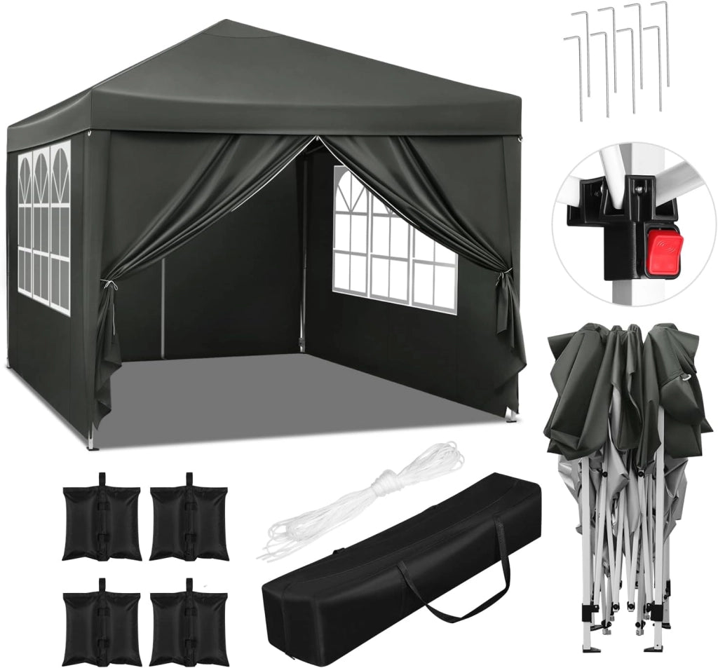 Gazebo da Giardino Richiudibile 3x3m Gazebo da Esterno in Ferro Regolabile in Altezza Tendone Pieghevole con Telo Impermeabile,Set di 4 Sacchi di Sabbia, Facile da Montare Verde