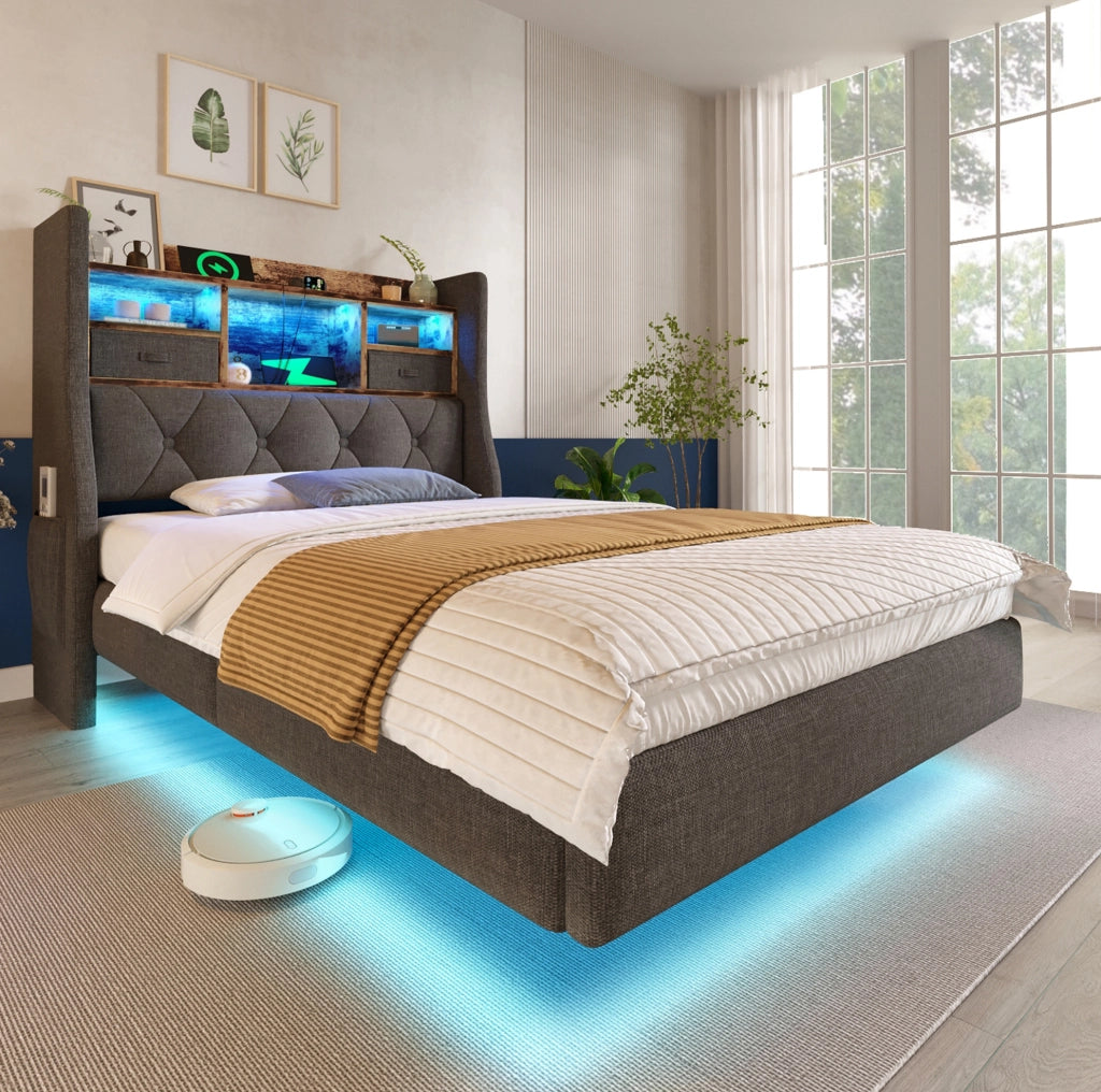 Letto imbottito 90x200 cm con LED; testiera contenitore; USB e Type-C; lino grigio