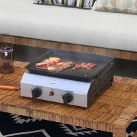 Piastra Barbecue a Gas con 2 Bruciatori, Piano Antiaderente e Potenza 4.8kw, Argento