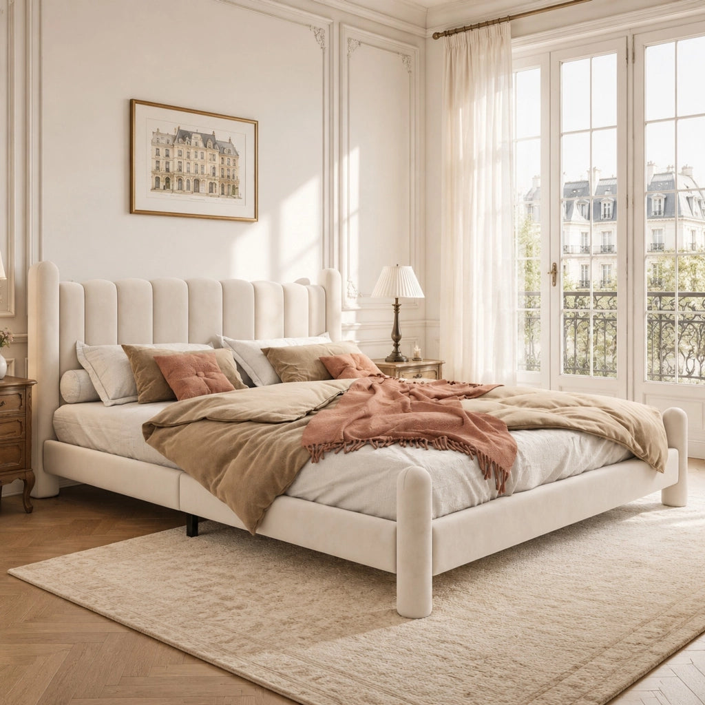 Letto imbottito 180x200 cm in velluto beige con testiera ondulata e rete a doghe