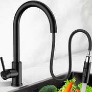 Zangheri 360°, cucina, rubinetto con spruzzatore retrattile, 2 tipi di uscita, valvola di scarico alta pressione, valvola di armatura cucina 360° girevole, rubinetto a un solo giro, acciaio inox, nero lucido
