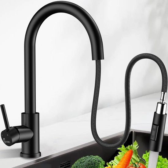 Zangheri 360°, cucina, rubinetto con spruzzatore retrattile, 2 tipi di uscita, valvola di scarico alta pressione, valvola di armatura cucina 360° girevole, rubinetto a un solo giro, acciaio inox, nero lucido