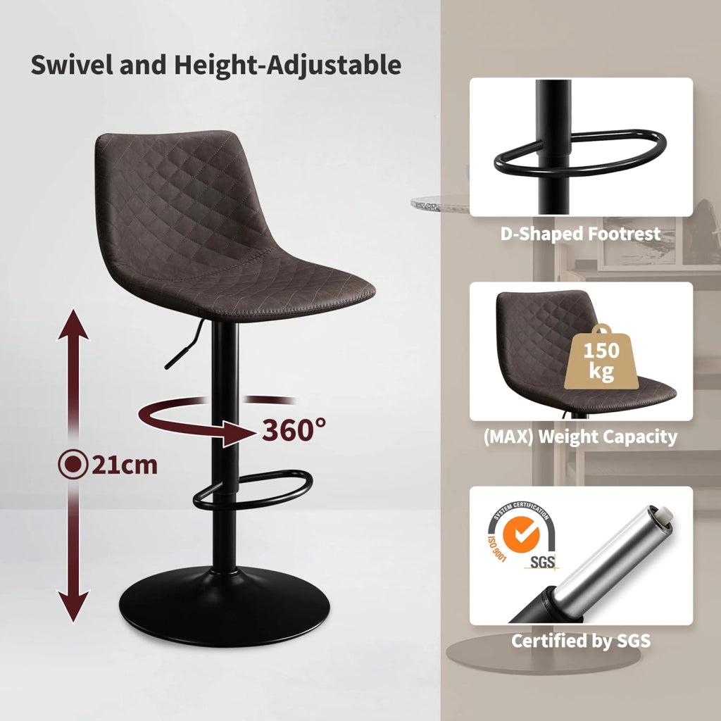 Set di 2 Sgabelli da Bar Pelle in Microfibra, Sgabello Cucina Girevole con Schienale, Sgabello Alto Regolabile con Poggiapiedi, Sgabello Bar Moderni per Isola ed Cucina-Marrone Scuro